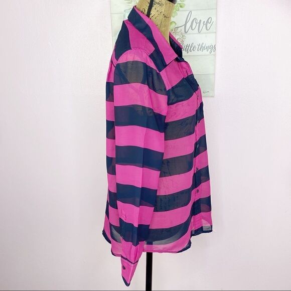 Banana Republic Sheer Rugby Stripe Button Front Shirt Small Pink Black - Picture 4 of 9